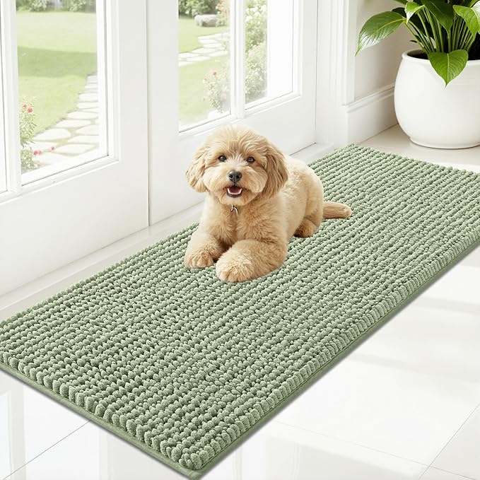 OLANLY Dog Door Mat for Muddy Paws 47x20, Ultra Absorbent Chenille Mud Doormat, Non-Slip Washable and Dirt Trapping Doormat for Indoor Entryway, Quick-Dry Indoor Pet Bed Mats for Dogs, Sage Green