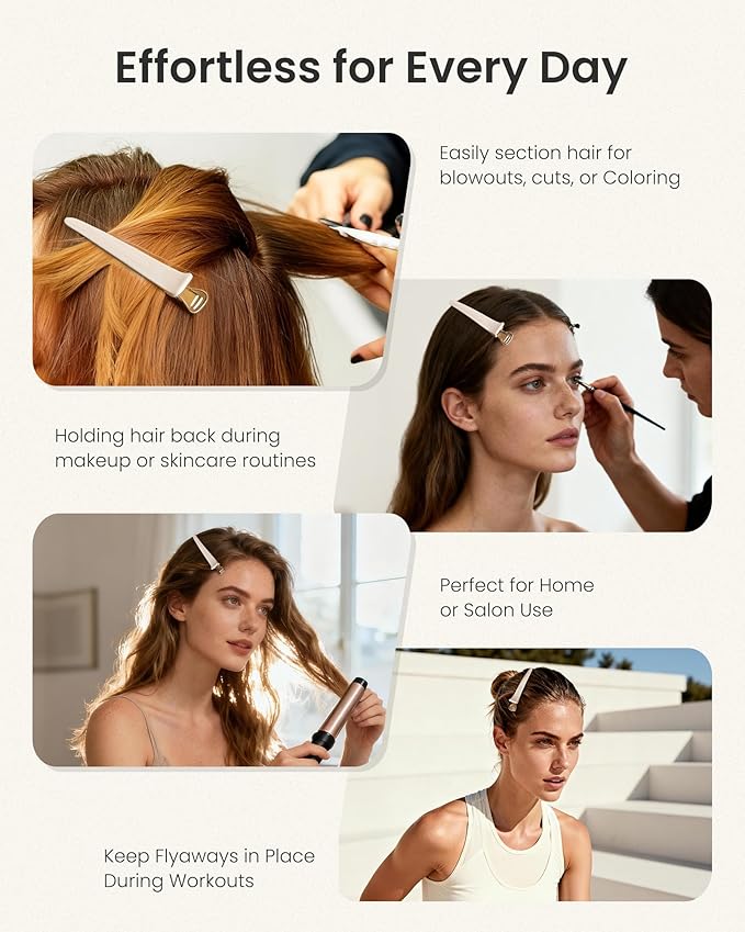 AIMIKE 4.8" Hair Clips for Styling – Built-In Silicone Band Duckbill Hair Clips, No-Crease Sectioning Clips for Thick, Curly Hair, Ideal for Makeup, Hairstyling & Rollers, 6-Pack, Desert Titanium