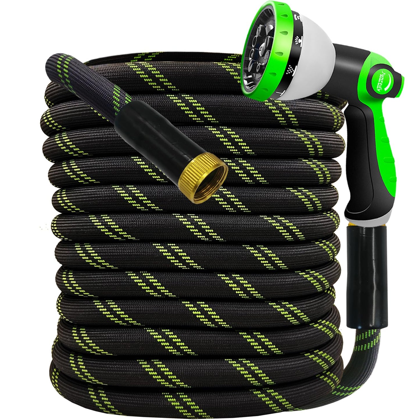 Junredy Garden Hose 25 FT, NON-EXPANDABLE Heavy-Duty Flexible & Lightweight Water Hose with 10-Function Nozzle, No-Kink, Leak-Proof Super Fabric, Solid Fittings for Lawn, Car, Outdoor (Black Green)