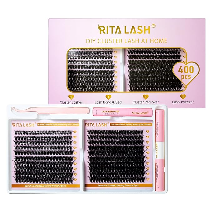 Lash Extension Kit DIY Lash Clusters Kit 400pcs Cluster Lashes Individual Lashes Eyelash Extension Kit with Lash Bond and Seal,Lash Remover,Lash Tweezers(50D+80D Cluster Kit,8-16mm)