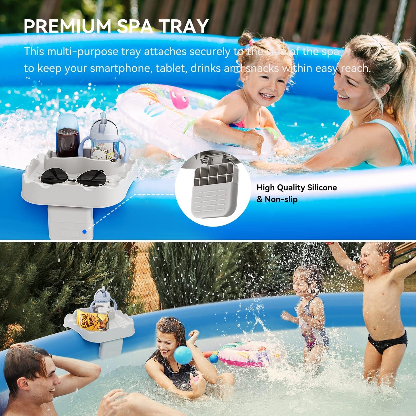 Anivia Hot Tub Table Tray, Adjustable Width 4.3" to 7.7" Hot Tub Accessories for Intex PureSpa, Nonslip Caddy Holds 2 Drinks, Keep Snacks-Drinks Handy and Dry, Fits Outdoor Inflatable Spa/Pool(Beige)