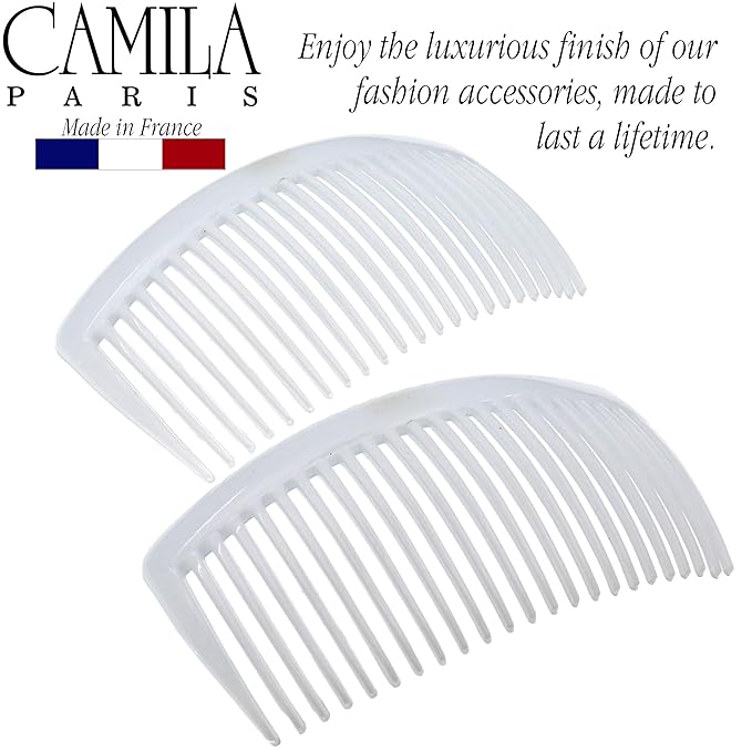 Camila Paris CP3024 French Side Combs Large Curved, White French Twist Hair Combs Decorative, Strong Hold Hair Clips for Women Bun Chignon Up-Do, No Slip Styling Girls Hair Accessories, Made in France