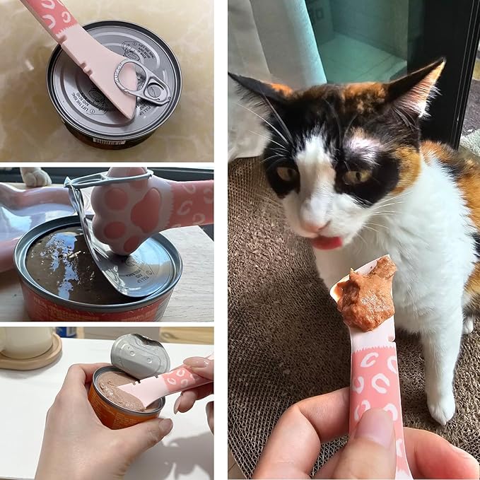 SJANE Cat Food Can Spoons & Can Lids | 4 Pcs | Colorful Multi-Function Cute Paw Shape Opener | Universal Silicone Pet Food Covers | Wet Food Spatula for Kittens and Dogs(Pink+Blue)