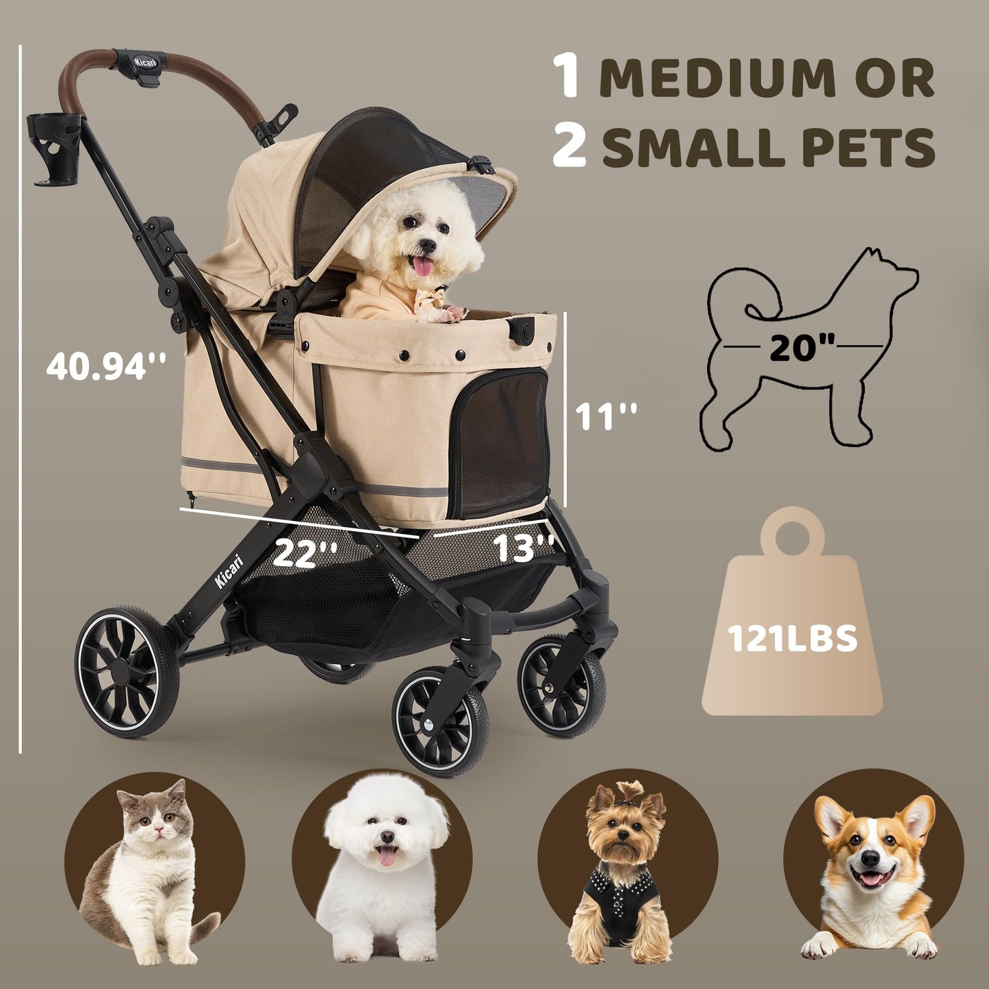 Kicari All-Terrain Dog Stroller for Small to Medium Dogs, Pet Stroller for Dogs & Cats Outdoor Walks, One-Hand Easy Fold, Double-Layer Anti-UV & Waterproof Canopy & Breathable Mesh, Vanilla Beige