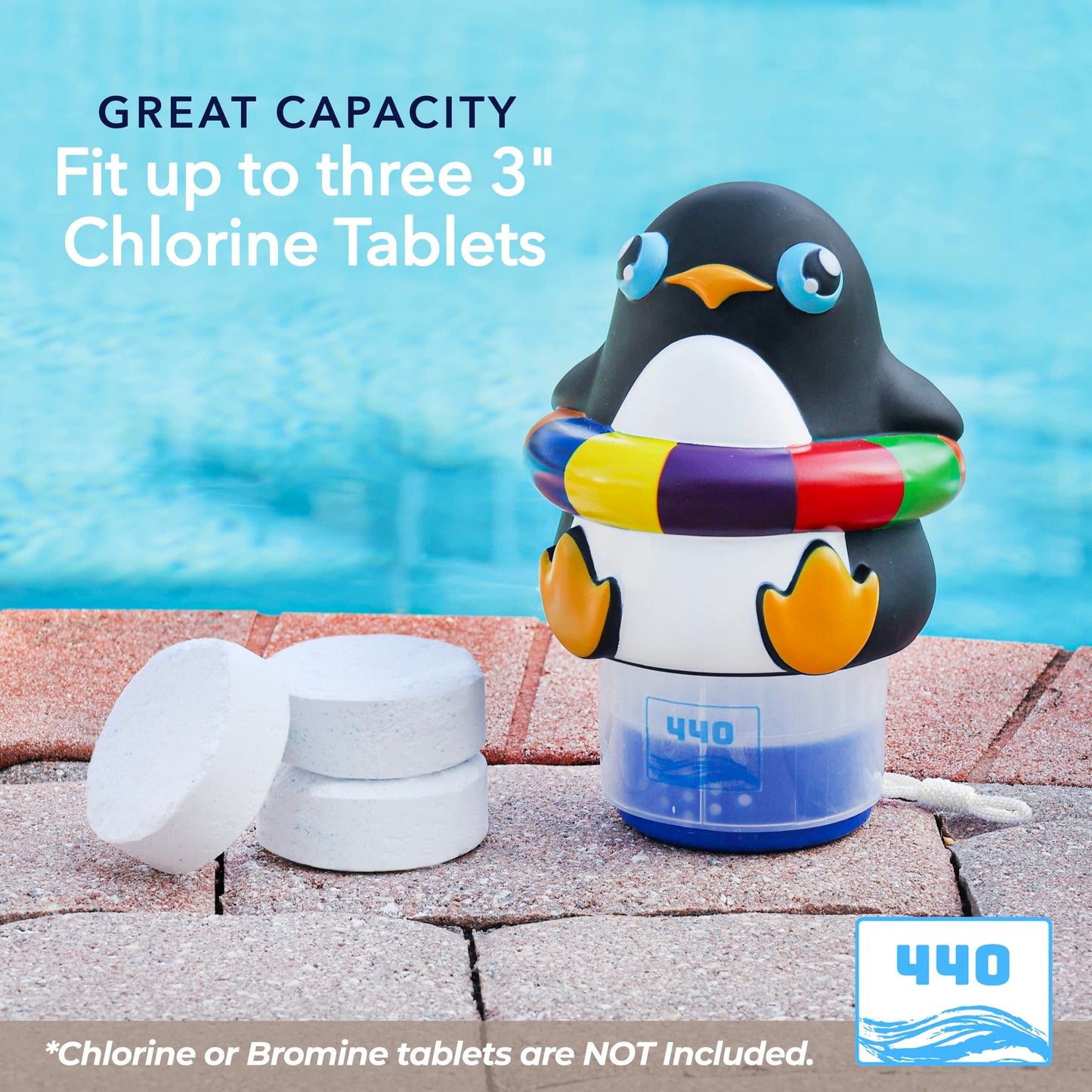 440 Pool Chlorine Floater Dispenser, Fits Up to 3 Pieces of 3-Inch Chlorine Tabs, Adjustable Flow, Control, Heavy-Duty Plastic - Suitable for Small & Large Pools - 8 Ounces | Cartoon Penguin