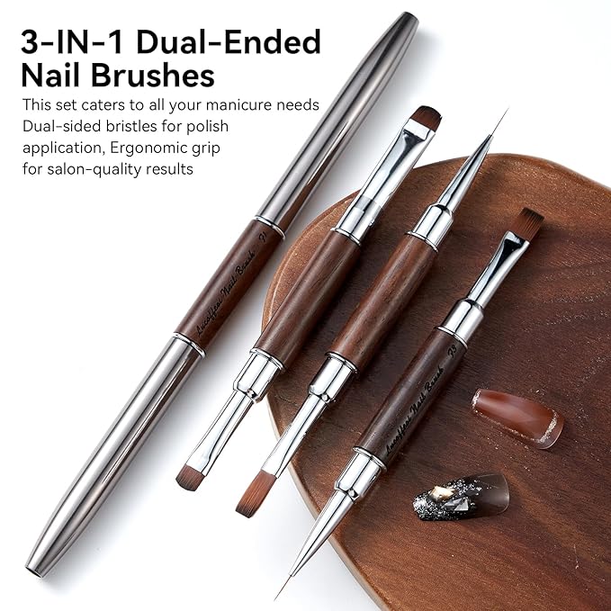 Nail Art Clean Up Brushes, Dual-End French Tip Brush 3PCS Set - Flat/Oval/Angled Dual Head Gel Nail Brushes for Polish Mistakes, Cuticle Cleaning, Acrylic & Polygel Nail Design Painting DIY Tools