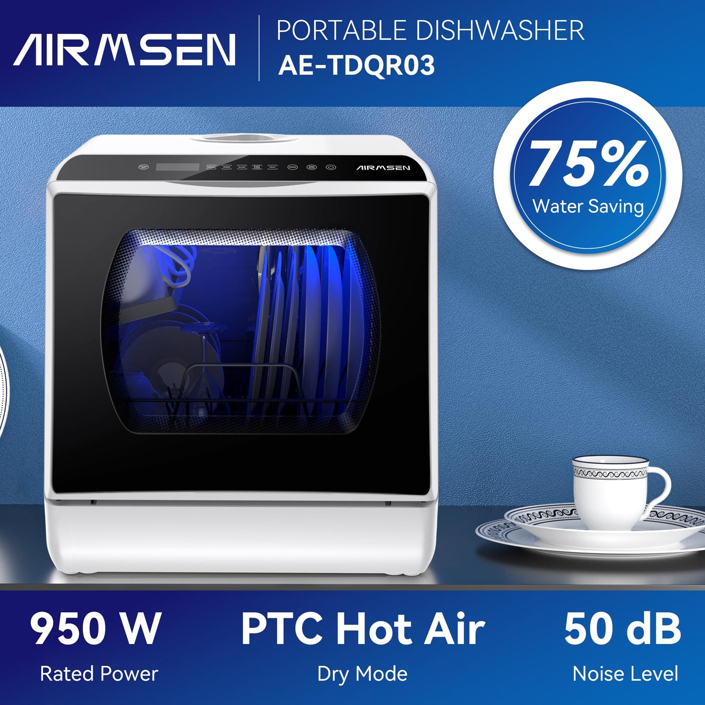 AIRMSEN Portable Countertop Dishwashers, 5 Washing Programs Mini Dishwashers with 1.2 Gal Built-in Water Tank and Double-layered Glass Door, No Hookup Needed for Home, Apartments & RVs