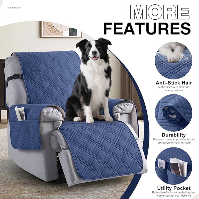 TAOCOCO 100% Waterproof Recliner Chair Cover, Non Slip Recliner Covers for Reclining Chair with Pocket, Washable Reclining Chair Cover Furniture Protector for Kids, Pets(Recliner Chair, Ocean Blue)