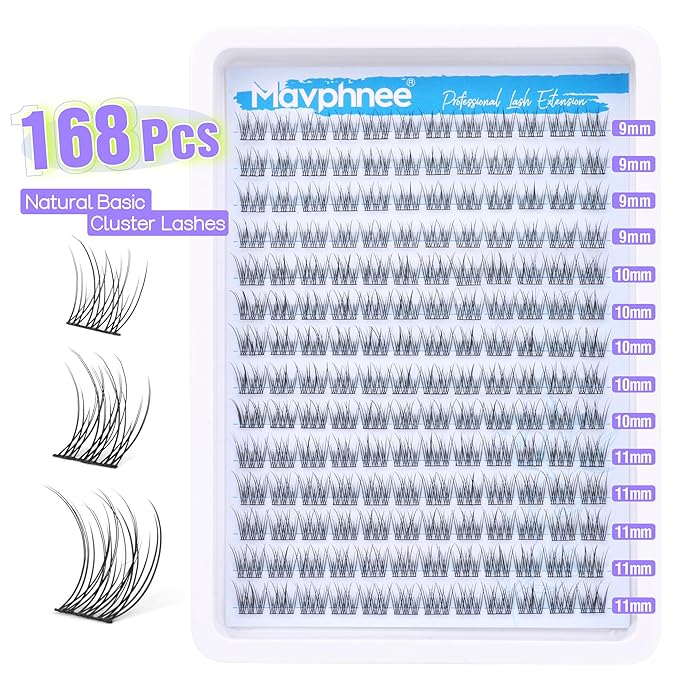 Natural Cluster Lashes CC-Curly 168 Pcs Wispy Lash Extensions 9-11MM Mixed Lengths Eyelash Extension Individuals Self Application DIY at Home by Mavphne