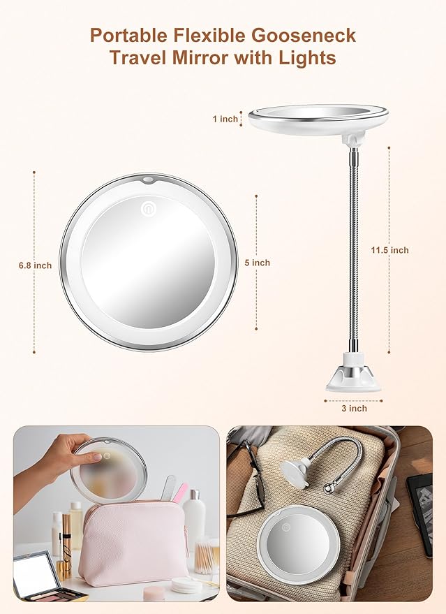 Brightown 10x Magnifying Mirror with Light,Flexible Gooseneck Make up Mirror with Lights and Magnification, Battery Operated with Suction Cups for Wall Bathroom Silver 3 Lighting