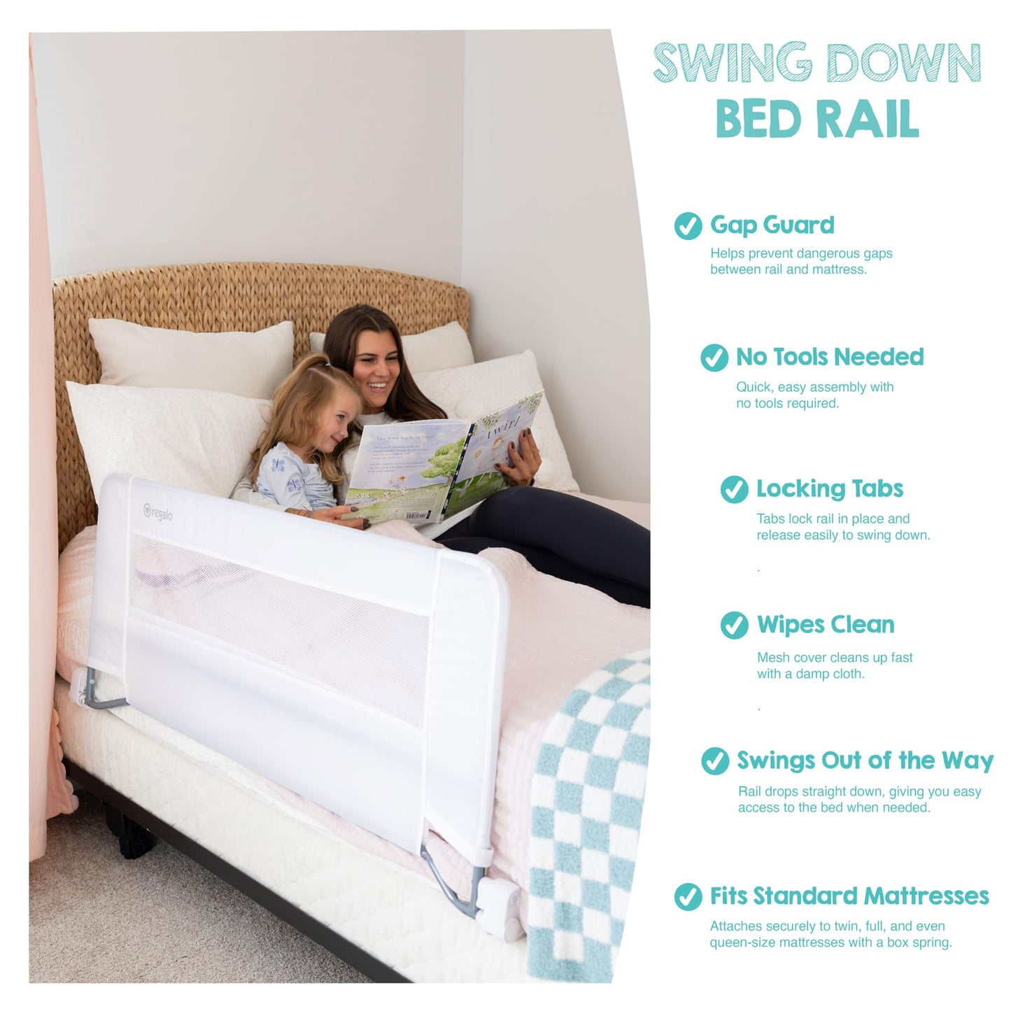 Regalo Safety Swing Down Bed Rail Guard for Toddlers, 43" Bed Safety Rail with Patented Gap Guard, Toddler Bed Rail Fits Twin, Full & Queen Beds, Guard Rail for Kids Bed, American Designed & Owned