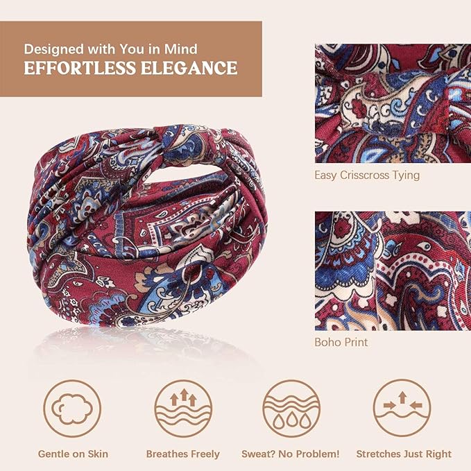 Awumbuk Wide Headbands for Women Knotted No Slip Head Bands Soft Turban Headband Hair Accessories Boho African Solid Color Head Wraps for Women Yoga Workout Pack of 6