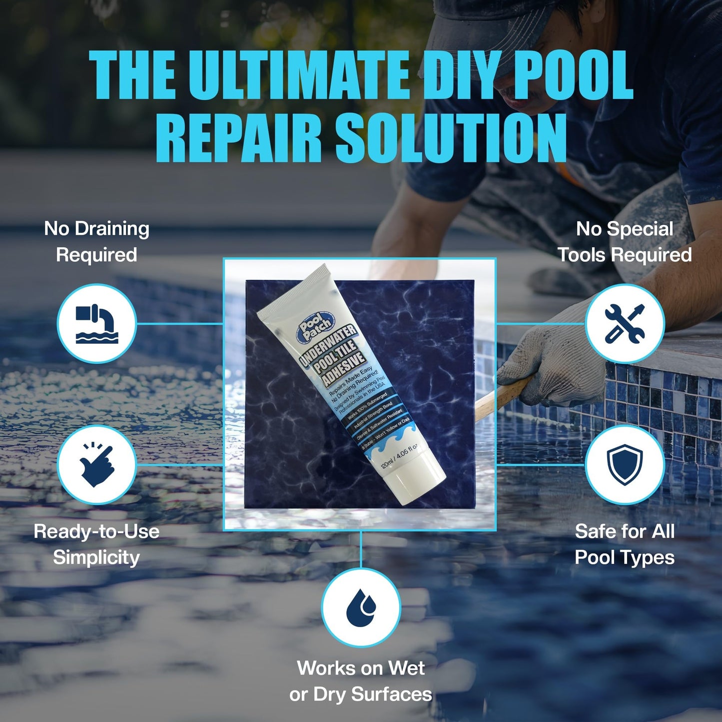 Pool Patch Underwater Pool Tile Adhesive (4 oz) – Waterproof Pool Tile Setting Paste – Professional Strength Adhesive for Ceramic, Mosaic & Stone – Works 100% Submerged, No Need to Drain Pool