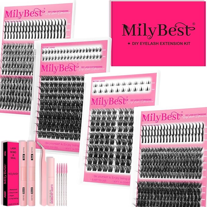 MilyBest Lash Clusters Kit 808Pcs Eyelash Clusters with Spikes and Bottom Lashes Clusters D Curl 4 Styles Lash Kit Fluffy DIY Individual Eyelashes Glue Wispy Cluster Eyelash Extensions Kit De Pestañas