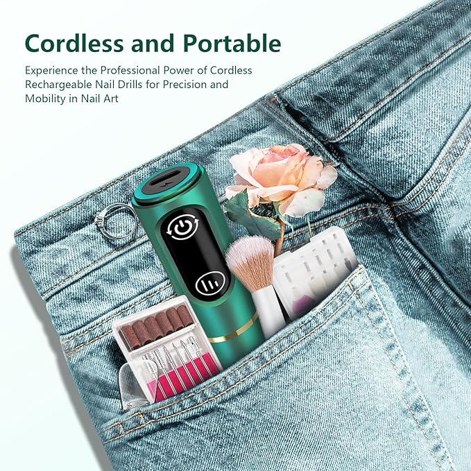 Cordless Nail Drill Electric Rechargeable File Kit, Professional Efile Acrylic Gel Nail Polish Remover Pedicure Manicure Machine Portable Set with 11 Bits 56 Sanding Bands Salon Blackish Green