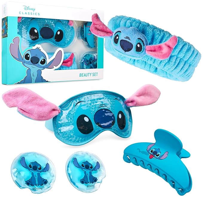 Disney Stitch Beauty Accessories Set with Cooling Eye Mask Gel Eye Pads Fluffy Skincare Headband Hair Claw Clip Relaxing Pampering Gifts for Women, Wife, Girlfriend (Blue)