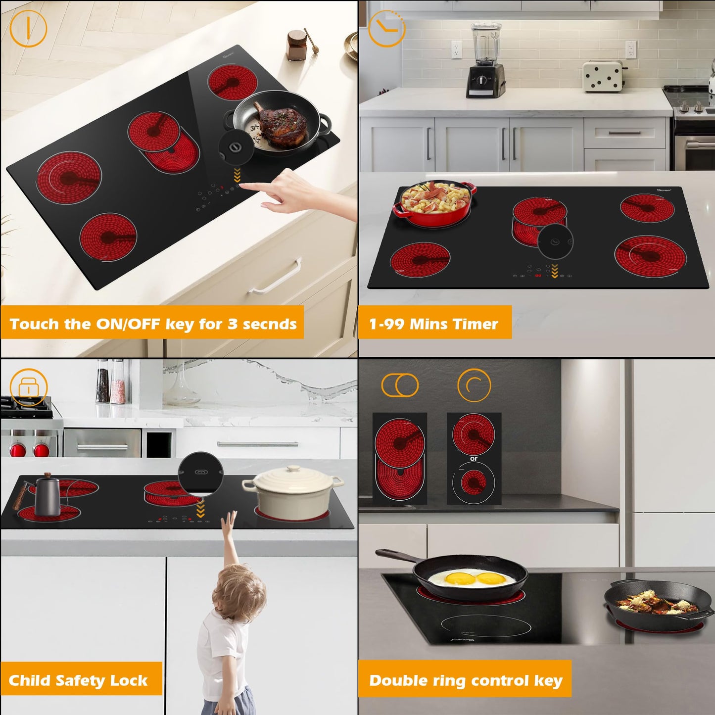 Electric Cooktop 36 Inch 5 Burners,220~240V,Built in Electric Stove Top,8400W Radiant Ceramic Cooktop with Hardwired,Touch Control,Child Lock,Dual-Ring Heating,Expandable Zones