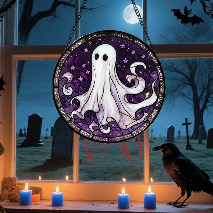 DASTOLL Stained Glass Window Hanging - Halloween Decorations White Ghost Purple Stars Suncatcher for Doors Garden Spooky Funny Sun Catchers Gothic Decor Horror Gifts for Women Men Friend 11.8 in