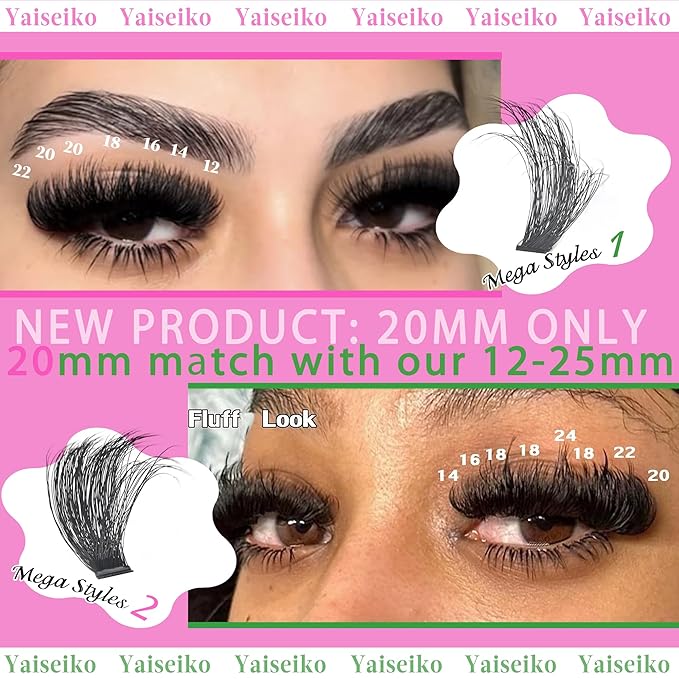 Lash Clusters 100D+200D Thick Eyelash Clusters 20mm Wispy Individual Mega Volume Lashes Cluster Eyelash Extensions 280Pcs DIY Lash Extension at Home, by Yaiseiko