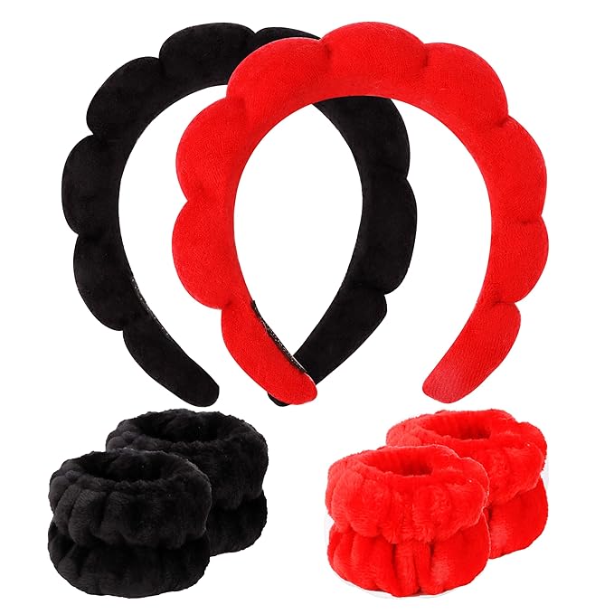 SPA Headbands for Washing Face Makeup Headbands with Bow Hair Band Women Facial Head Band Wrist Towel Wraps For Shower Face Mask Black Red Pink, 6 Pack