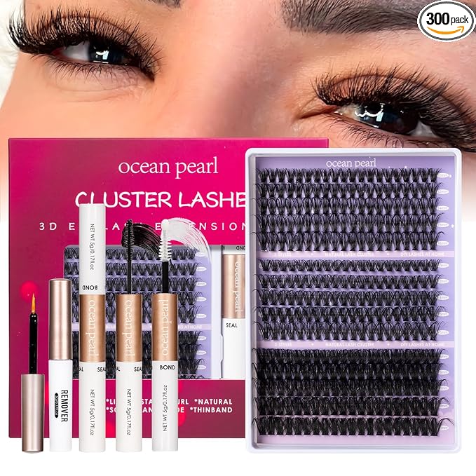 Ocean Pearl DIY Lash Extension Kit 300PCS Lash Cluters 10-20mm 40D 50D 100D Thick Eyelash Extension Kit Long Eyelashes Natural Individual Lashes with bond&seal&remover&tweezers-300