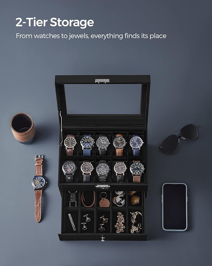 SONGMICS Watch Box, 20-Slot Watch Case Organizer with Large Glass Lid, Removable Pillows, Metal Lock, Gift for Loved Ones, Black Synthetic Leather, Black Lining UJWB020B01