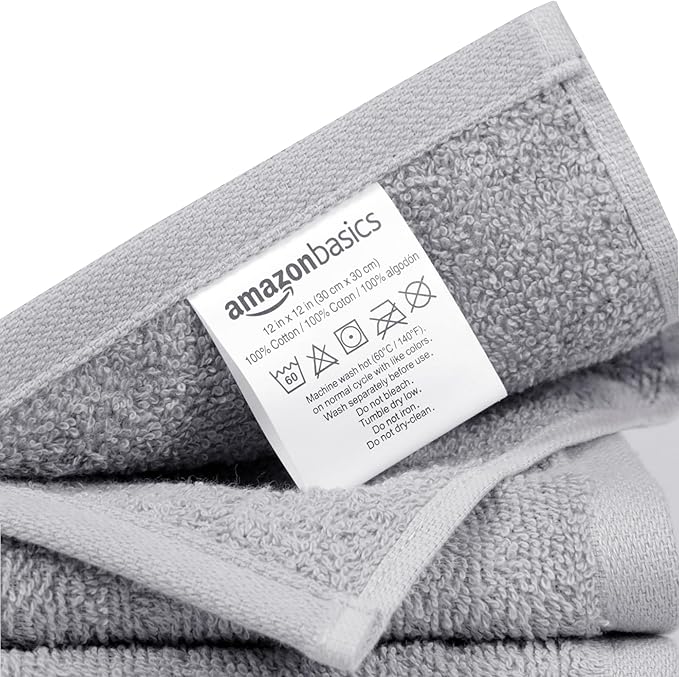 Amazon Basics Highly Absorbent Fast Drying 100% Cotton Washcloths for Bathroom and Face, Machine Washable, 12 x 12 in, Gray, 24-Pack