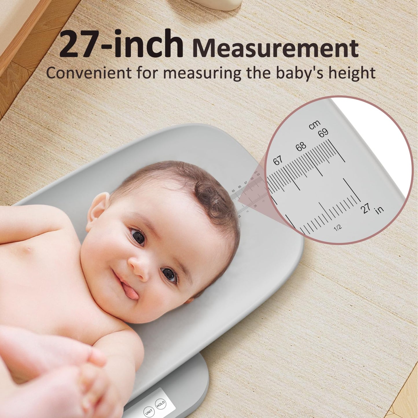 Multifunctional Baby & Pet Scale - Weigh Up to 330lbs, Digital with Hold Function, Height Measurement, 5 Units, LED Screen Grey