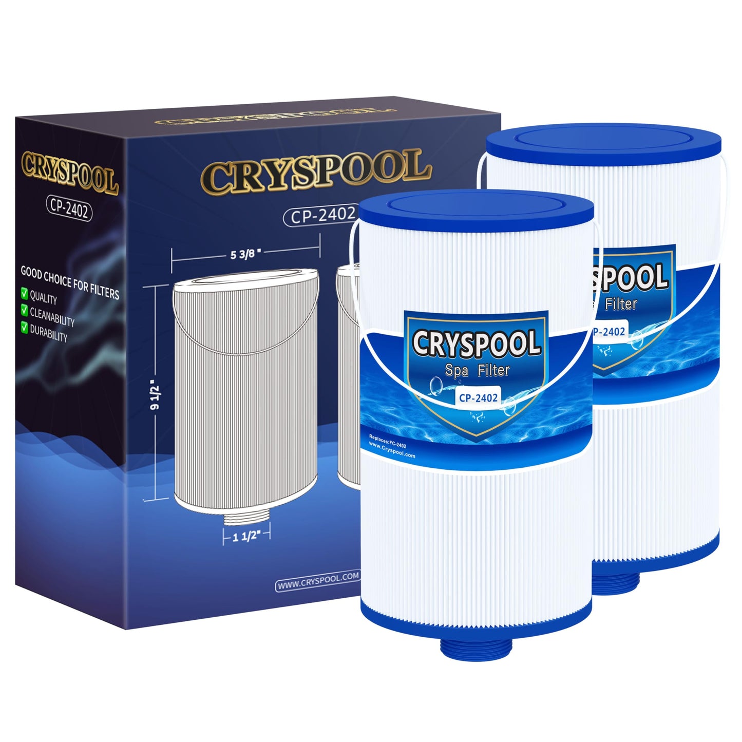 Cryspool® 2402 Filter Compatible with Watkins 303279(not 303263), FC-2402, Free Flow and Lifesmart Hot Tub Filter, 1 1/2" Finer Thread Spa Filter Cartridge, 2 Pack