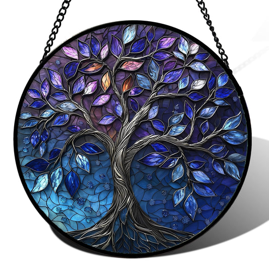 DASTOLL Stained Glass Window Hanging, Blue Purple Tree of Life Sun Catchers Colorful Glass Panel Plants Suncatcher Decor for Birthday for Women,Men,Wife, Lovers, and Mom 11.8x11.8 in
