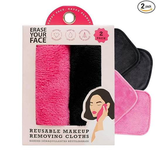 ERASE YOUR FACE Reusable Makeup Remover Cloths - Microfiber Face Towels to Cleanse & Remove Makeup - Water Activated for Sensitive Skin - Pink & Black (2 Count)