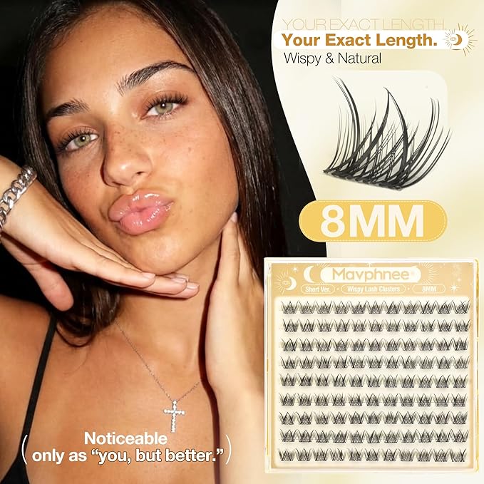 Wispy Lash Clusters 8MM Only Eyelash Extensions Natural Individual Lashes with CC Curl and Flexible Clear Band for DIY Cluster Eyelash Extensions at Home - No Makeup, Clean Makeup, Soft Glam
