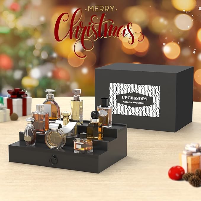 upcessory Cologne Organizer for Men, 3 Tier Wood Perfume Organizer with Felt Lining Drawer and Hidden Compartment, Black Perfume Display Holder, A Gift for Men
