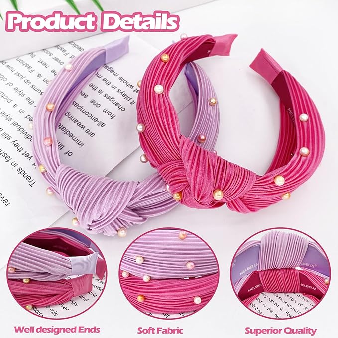 Knotted Headbands for Girls Non Slip Girl Pearl Headband Wide Top Knot Head Bands Mommy and Me Fashion Hairband Womens Turban Hair Accessories(Rose red & Purple,2Pcs)