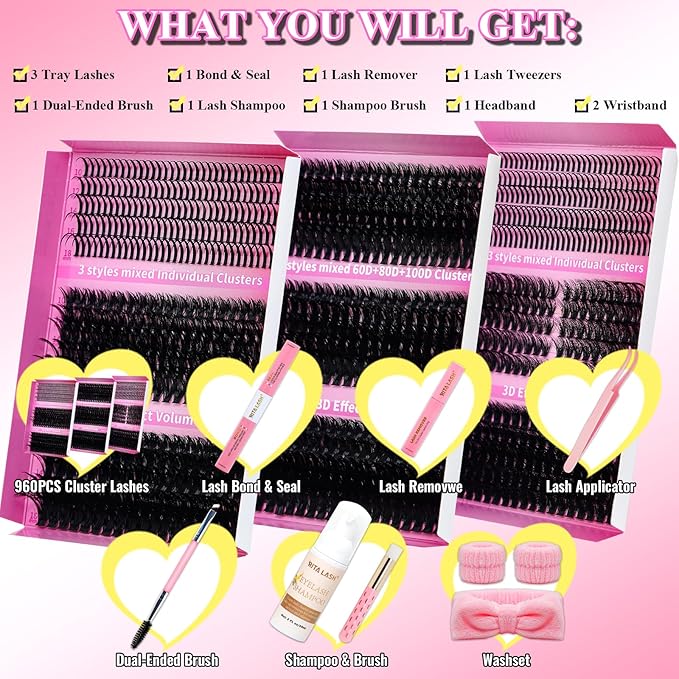 Lash Clusters Kit DIY Lash Extension Kit 3 Boxes Cluster Lashes 960Pcs Cluster Eyelash Extensions Wispy Eyelash Clusters with Lash Bond&Seal,Gift Packs for Beginners Bulk Pack(12 Counts Lash Kit-2)