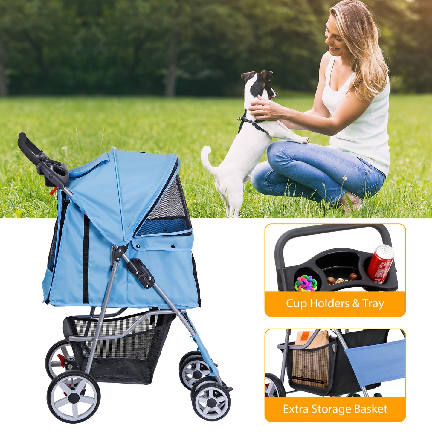 Epetlover 4 Wheels Dog Stroller Folding Pet Strolling Cart for Small Medium Cats Puppies Portable Jogger Travel Camping Puppy Carrier with Storage Basket Cup Holder, Blue