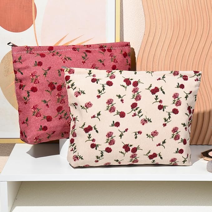 SOIDRAM 2 Pieces Rose Makeup Bag Large Corduroy Cosmetic Bag Capacity Canvas Travel Toiletry Bag Organizer Cute Makeup Brushes Aesthetic Accessories Storage Bag for Women, Rose L White Pink