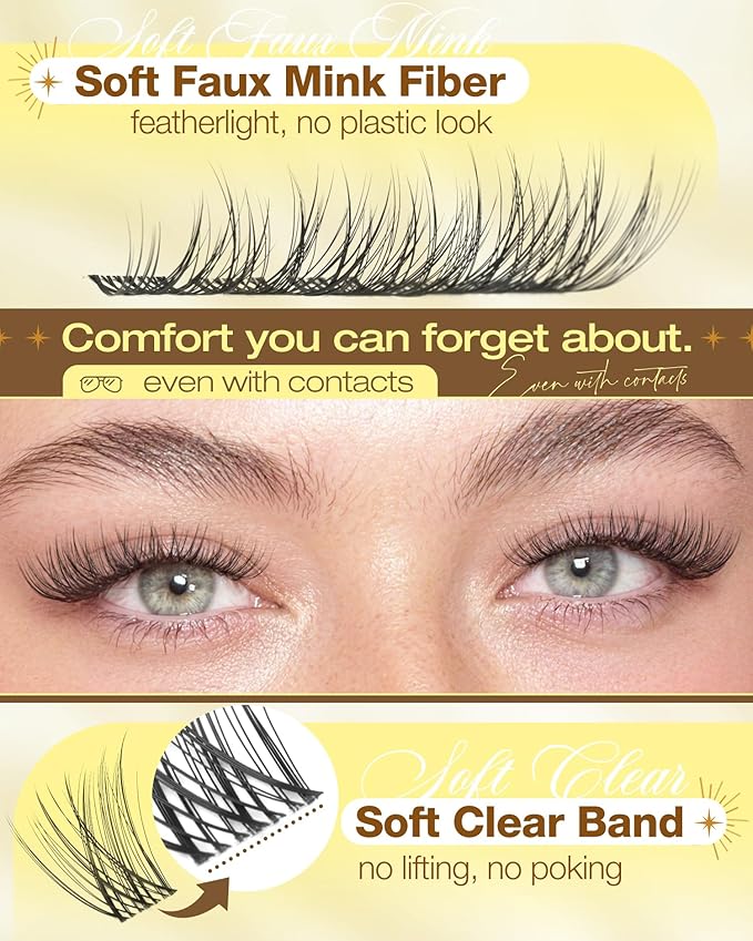 Lash Clusters 12-14-16MM Natural Cluster Eyelash Extensions with CC-Curly & Clear Band Wispy Pestañas Postizas Naturales 144Pcs DIY Lashes For Big Eyes, Natural Yet Noticeable Look