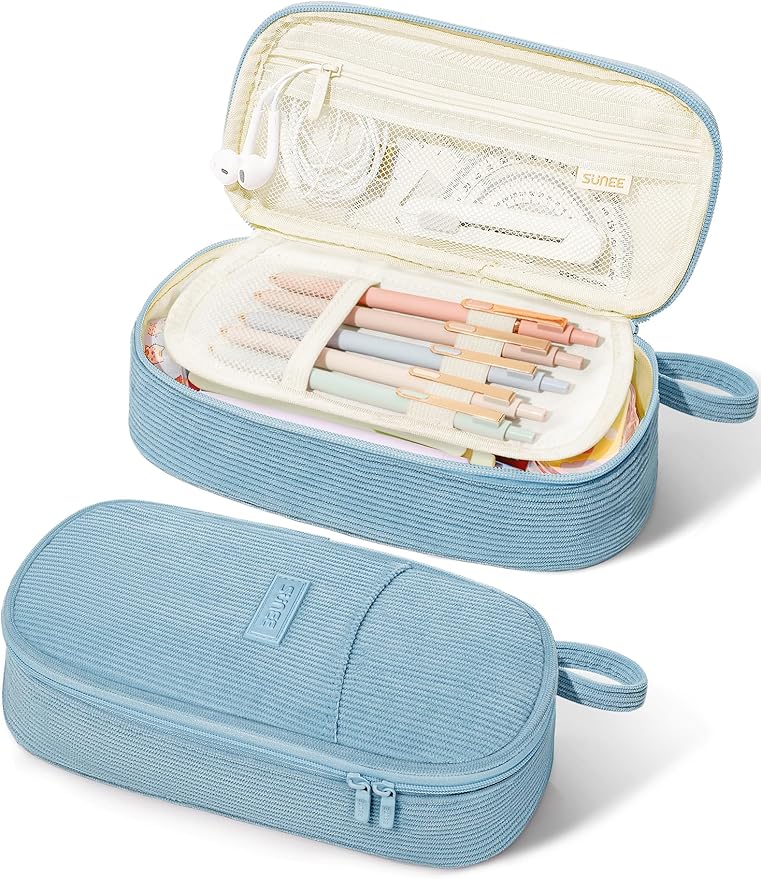 SUNEE Cute Pencil Case, Large Pencil Pouch, Aesthetic Big Pencil Bag with Zipper, Kawaii Stationery Storage and Organizer, School Supplies for Teen and Adult, Boys&Girls, Soft Corduroy Grey Blue