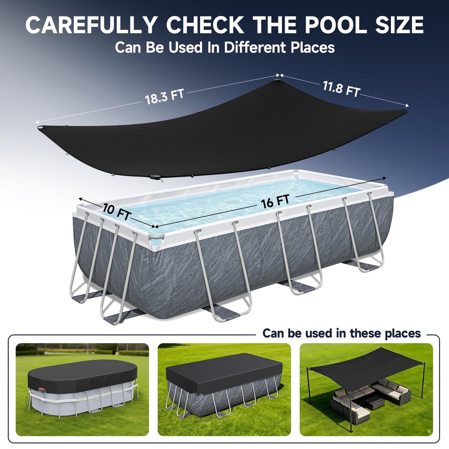 LXKCKJ 10x16 FT Rectangular Pool Cover for Above Ground Pool, Solar Oval Pool Cover Protector, Winter Pool Cover with Accessories Set Ideal for Cold and UV Resistant, Dustproof (Black)