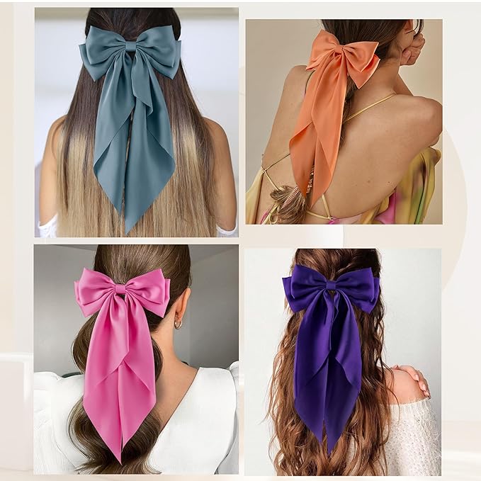 6Pcs Large Bows Hair Clips for Women Girls Long Tail Hair Ribbon Silky Satin Barrettes Coquette Hair Bows Accessories (Pink/Deepblue/Purple/Orange/Hot Pink)