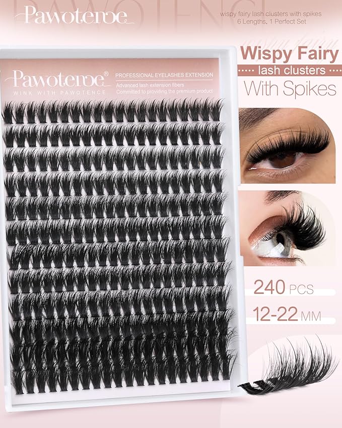 Pawotence Wispy Lash Clusters 12-22mm Cluster Eyelash Extensions 240pcs Individual Lashes Clusters Fairy Spikes Eyelash Clusters Lashes Extension