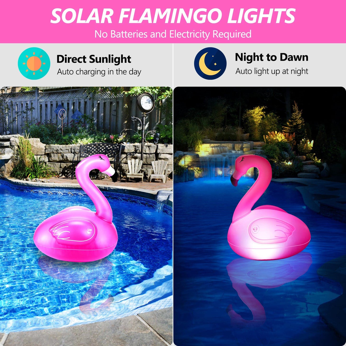 Toodour Floating Pool Lights, 3 Packs Solar Flamingo Pool Lights that Float, Waterproof Glow in The Dark Inflatable Solar Powered Flamingo Lights for Swimming Pool, Party, Garden, Patio, Outdoor Decor
