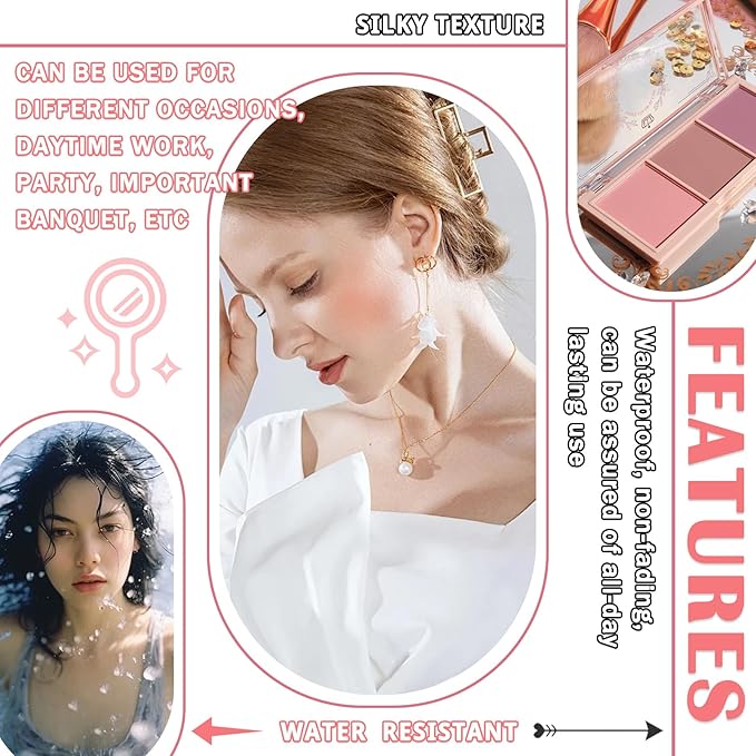 2Pcs 3 Colors Blush Palette for Cheeks with Make Up Brush,Face Matte Contour Blush Makeup Palette,Buildable Shimmer Facial Cheek Blusher Shades,Blendable Cosmetic Makeup Blush