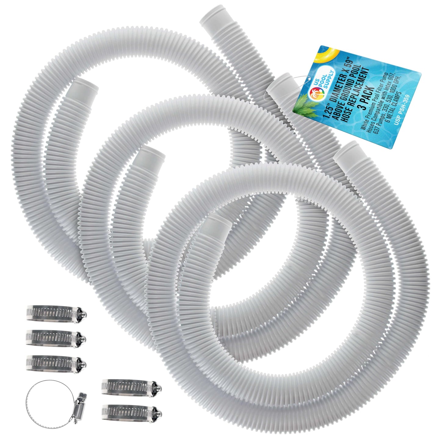 U.S. Pool Supply Above Ground Pool Hose Replacement 1.25" Diameter x 59" Long, Pack of 3 - White Premium Pool Filter Pump Hoses Compatible with Intex 607, 637 Pumps, 330, 530, 1000 GPH, 6 Metal Clamps