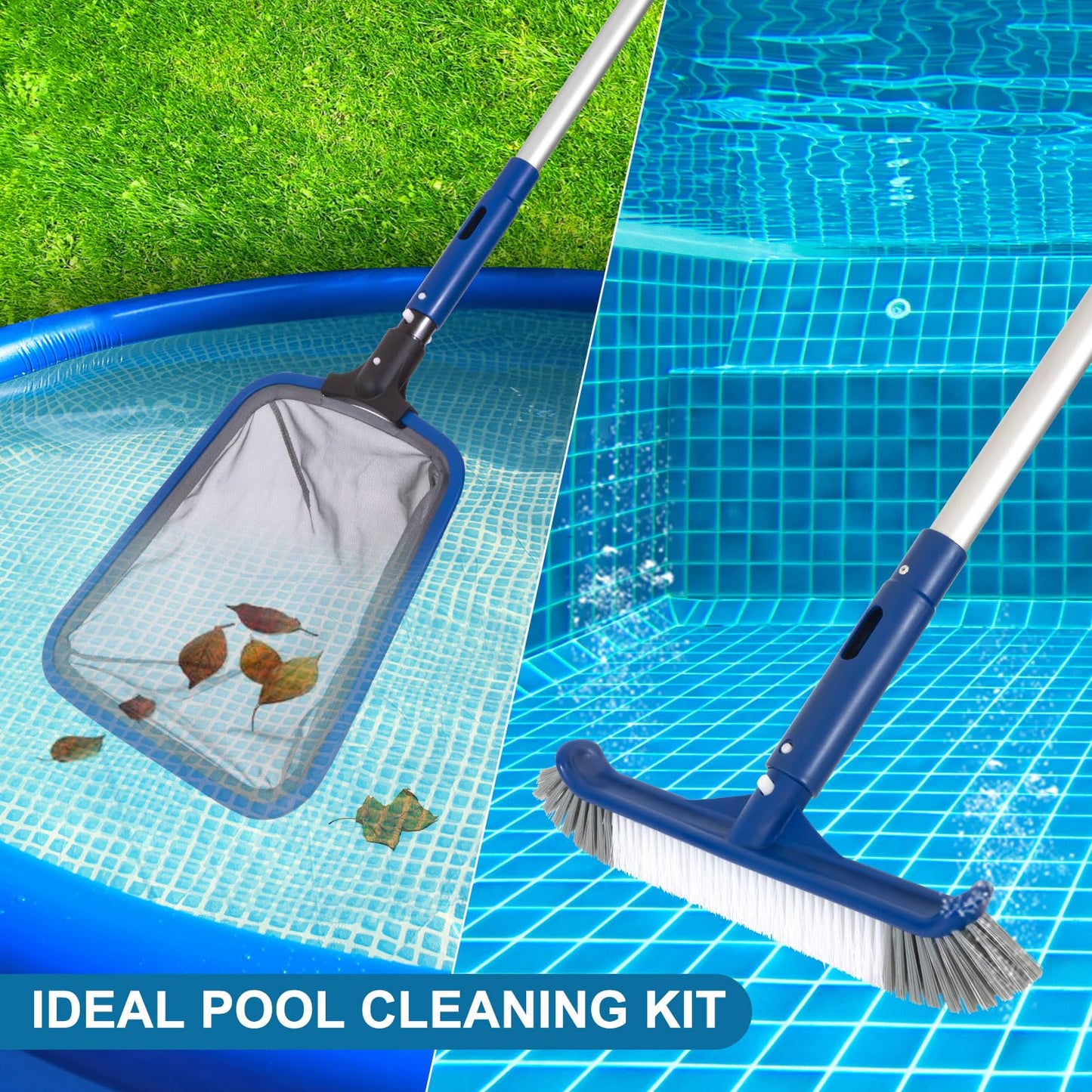 Pool Cleaning Kit, 14.5'' Pool Brush Head & Ultra Fine Mesh Pool Skimmer Net with Pole, Aluminum Frame Pool Net Skimmer & Pool Brush with Pole,Pool Net & Pool Brushes for Cleaning Pool Walls with Pole