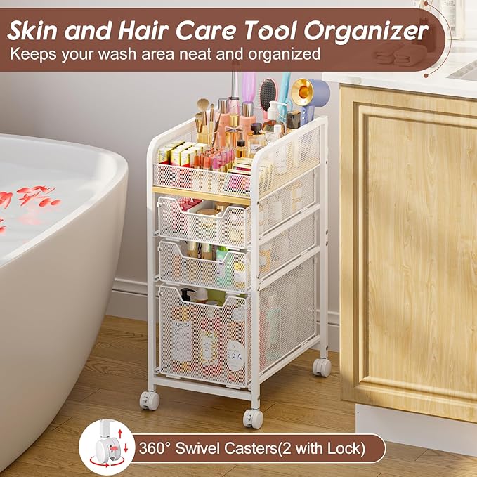 Hongtamoya Rolling Makeup Cart Organizer with 3 Drawers, Narrow Floor Skincare Organizers, Vanity Organizer Cosmetics Display Cases Holder for Skin Care Nail Polish Perfume Makeup Brush, White