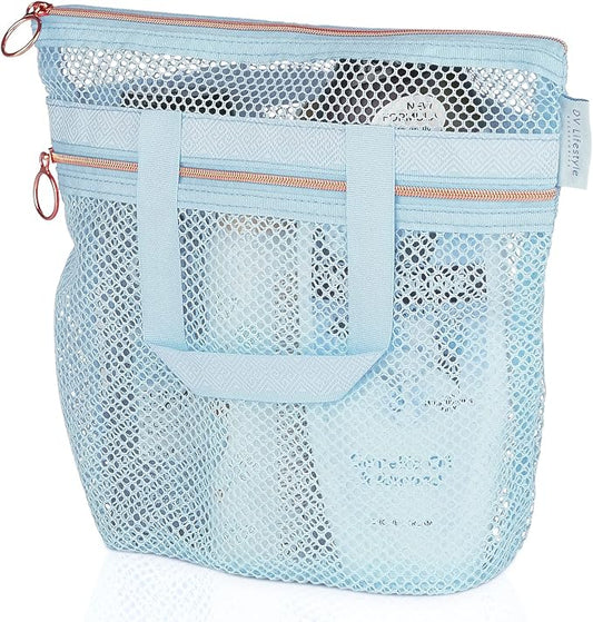 DV Lifestyle Mesh Shower Bag 10.2x9.9'' Quick-Dry Caddy with Zipper & 2 Pockets. Portable Toiletry Tote for Bathroom, Gym, Travel, Camp, Beach, for Sunscreen, Dorm & College Essentials (Blue)