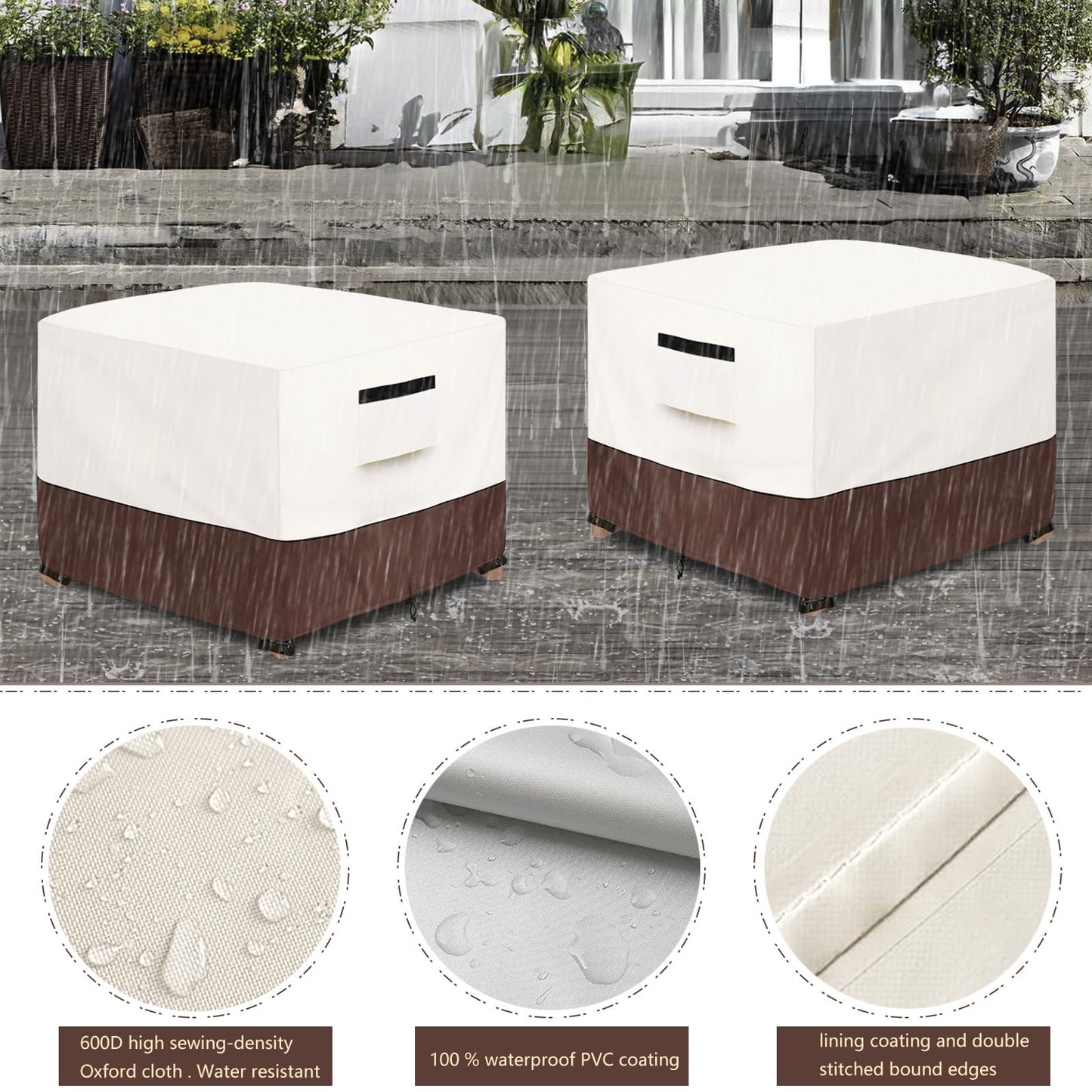 Aacabo Patio Ottoman Cover,25W x 25D x 18H inch,Waterproof Square Patio Small Side Table Cover,Suitable for 3-Piece Outdoor Wicker Patio Bistro Set Side Table(Beige)