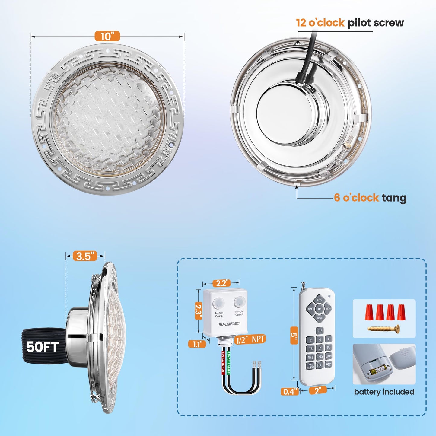 SURAIELEC 12V AC Pool Lights for Inground Pool, 10 inch Color Changing LED Pool Light with Remote Control, 300W Equivalent, Underwater Swimming Pool Light Fixture for Large Wet Niches, 50FT